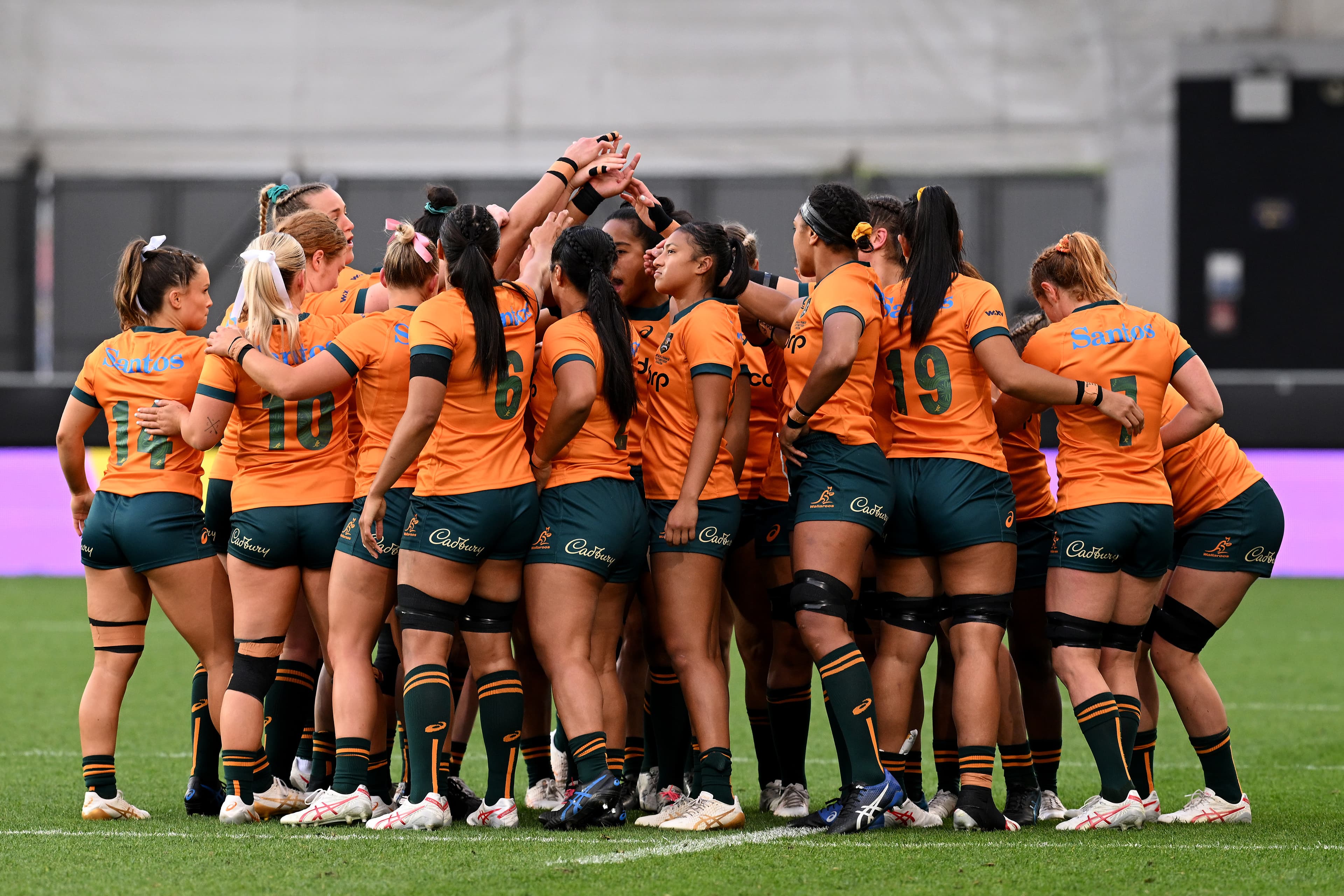 Wallaroos team huddle pre-game against France, WXV1. Picture: Getty