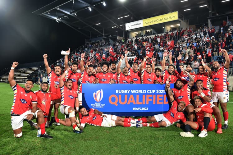 Tonga celebrate at the sunshine coast stadium after qualifying for RWC2023