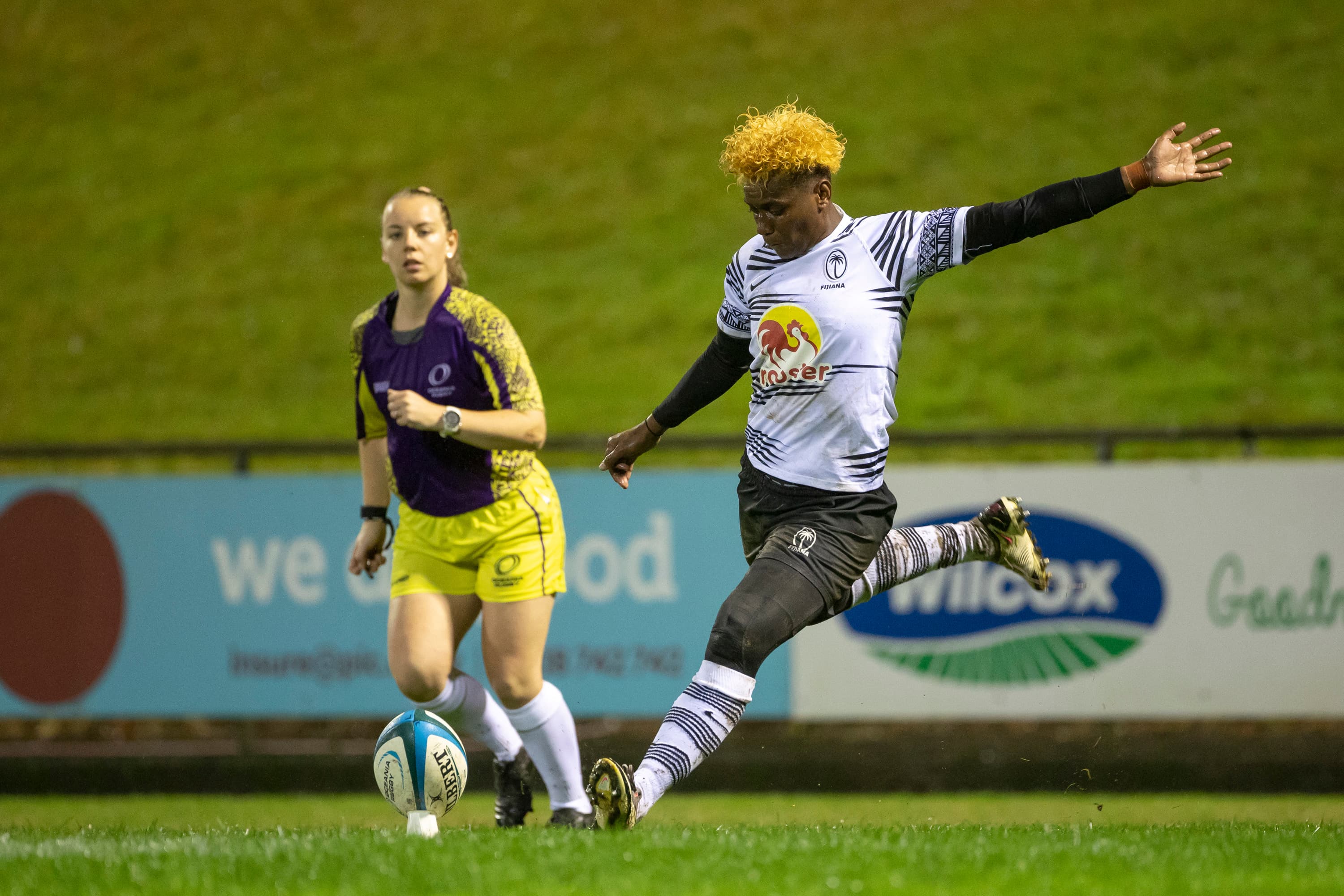 Flyhalf Merewalesi Rokouono takes aim during 2022 Oceania Rugby Women's Championship against Tonga